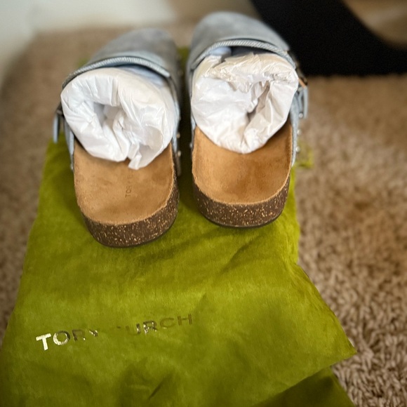 NIB Tory Burch Mellow Stud Mules- Denim Suede/Cork - Picture 6 of 9